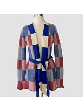 ModCloth Simply Snuggly Checked Cardigan Red, White Blue Colorblock Checkered 2X